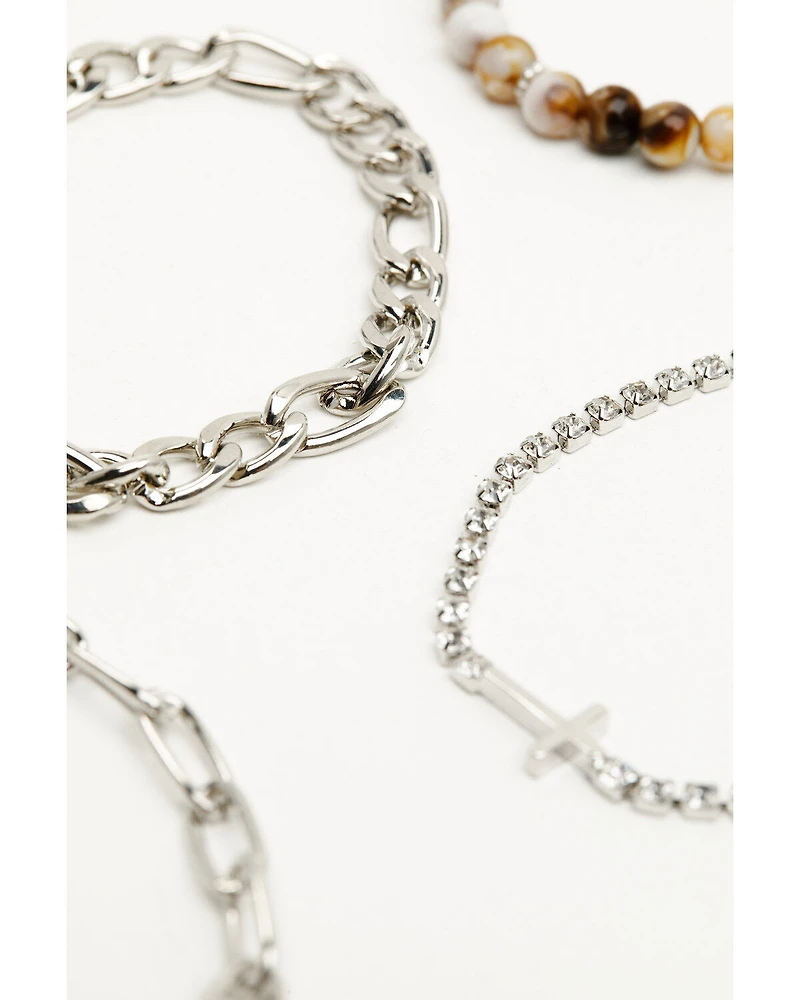 Shyanne Women's Cross Rhinestone and Natural Beaded Chain Bracelet Set - 4 Piece