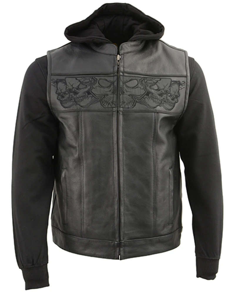 Milwaukee Leather Men's Leather Concealed Carry Vest with Reflective Skulls and Removeable Hoodie - 4X