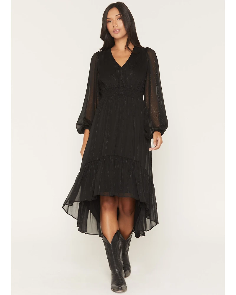 Shyanne Women's Josephine Faux Button-Down Long Sleeve Lurex Midi Dress