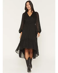 Shyanne Women's Josephine Faux Button-Down Long Sleeve Lurex Midi Dress