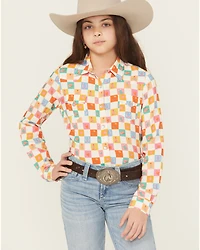 Roper Girls' Western Checkered Long Sleeve Pearl Snap Shirt