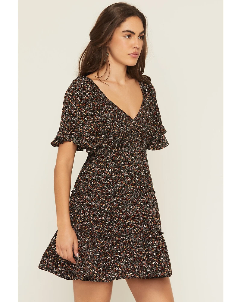 Yura Women's Floral Print Short Sleeve Smocked Mini Dress