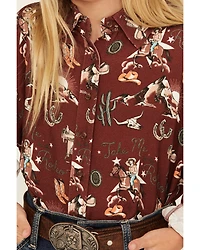 Rock & Roll Denim Girls' Conversational Print Long Sleeve Button-Down Western Shirt