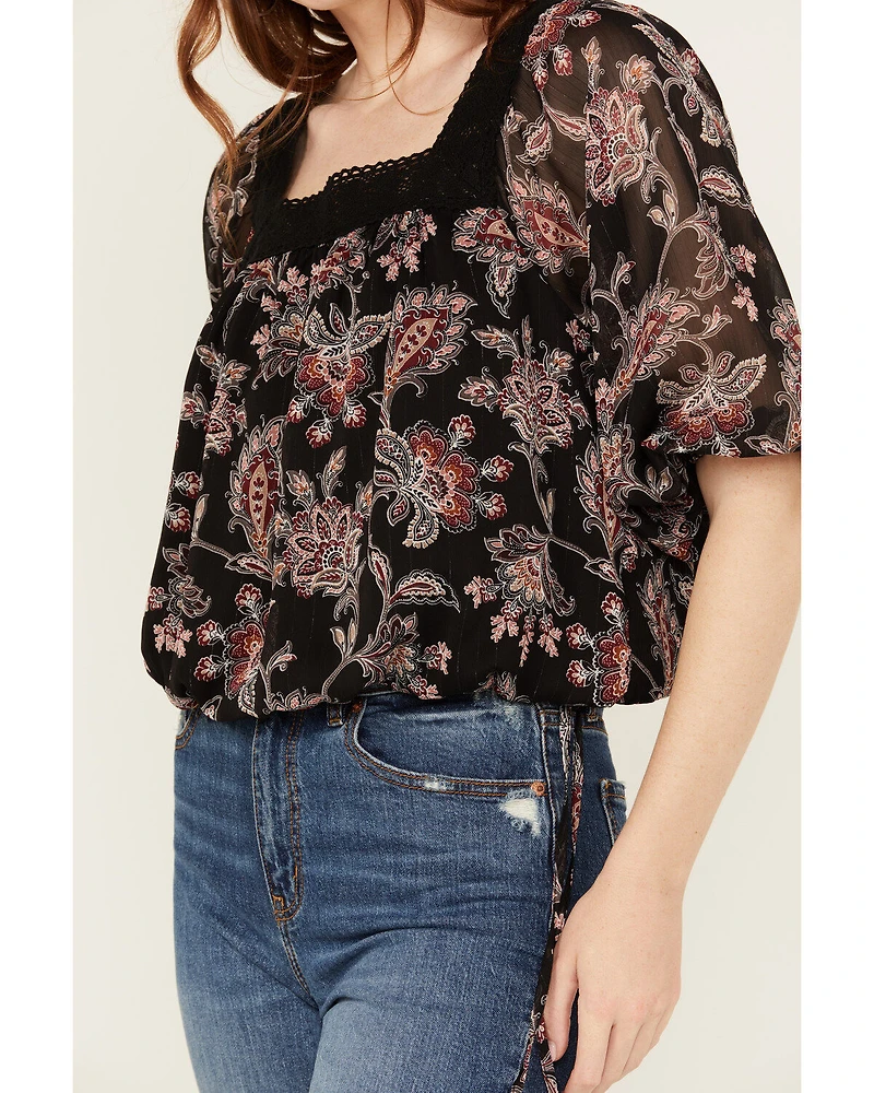 Wild Moss Women's Floral Pais Short Sleeve Peasant Top