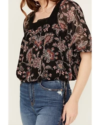 Wild Moss Women's Floral Pais Short Sleeve Peasant Top
