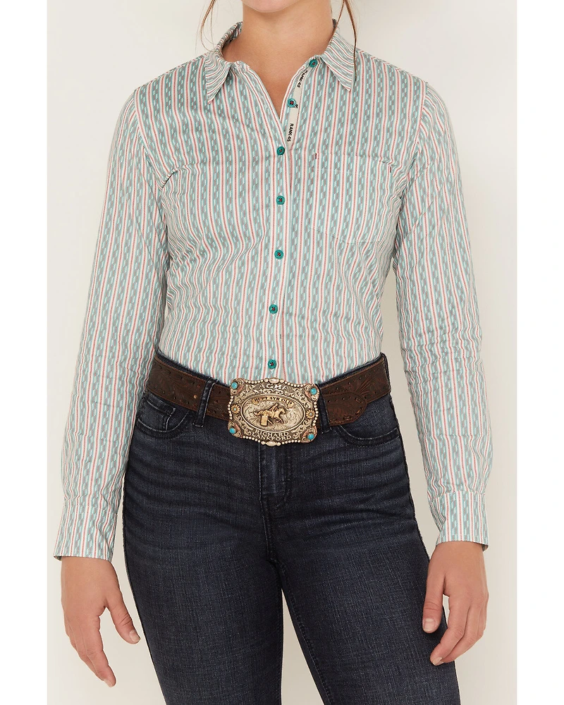 RANK 45® Women's Long Sleeve Button-Down Striped Poplin Western Riding Shirt