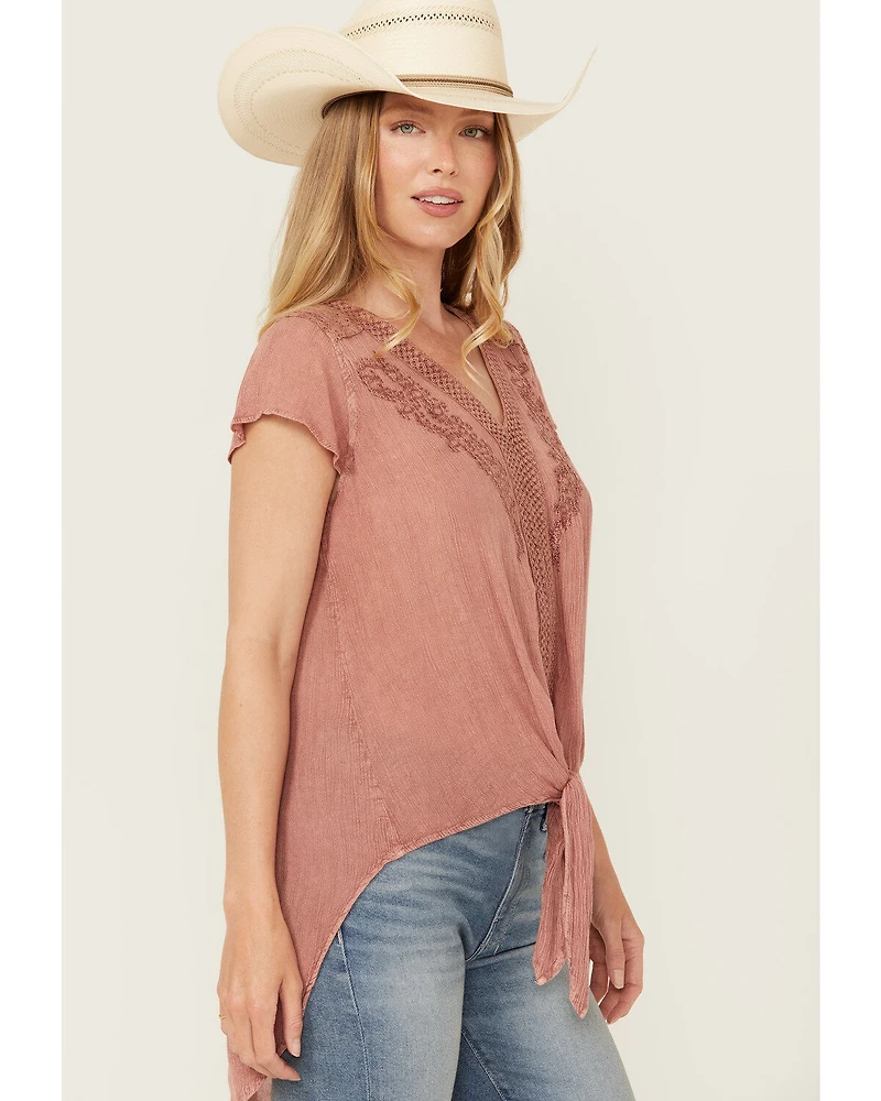 Nostalgia Women's Lace Trim Short Sleeve Tie Front Shirt