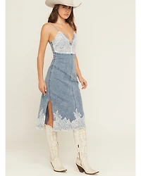 Blue B Women's Light Wash Lace Sleeveless Denim Midi Dress