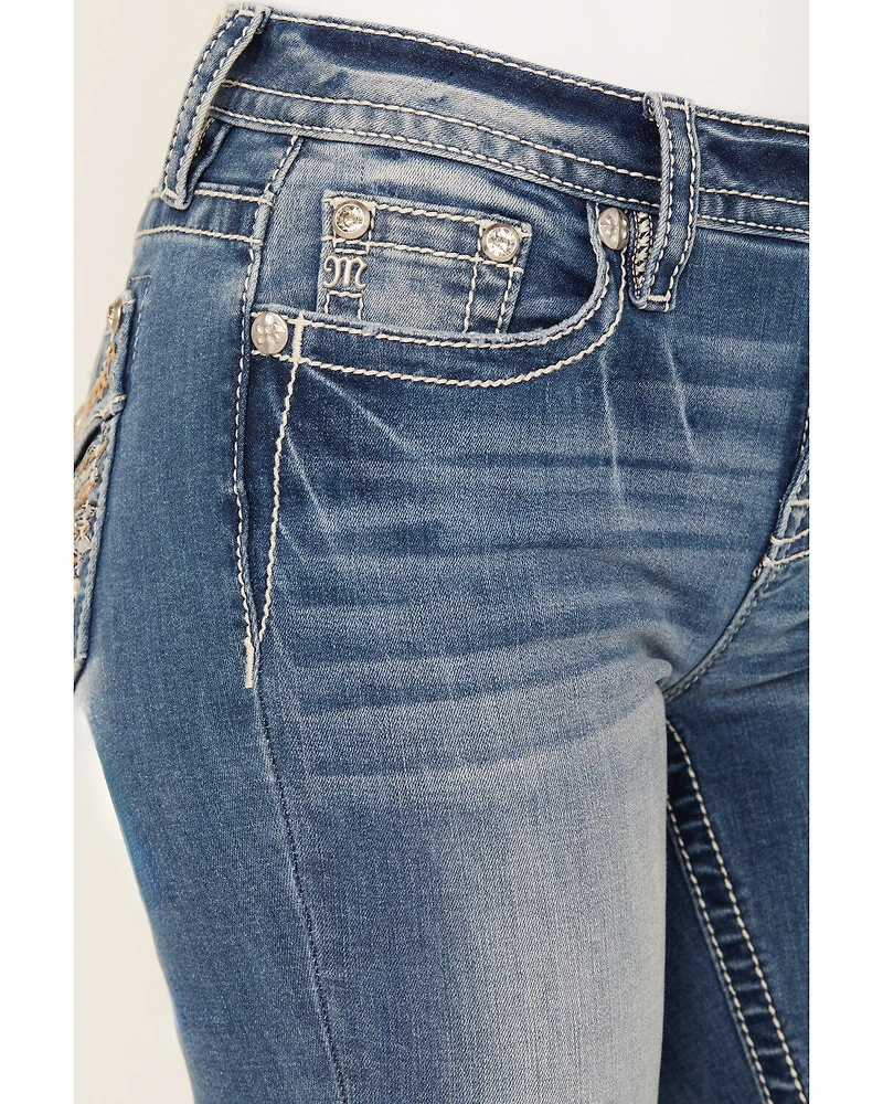Miss Me Women's Medium Wash Mid Rise Wing Pocket 32" Bootcut Stretch Denim Jeans