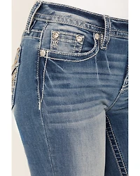 Miss Me Women's Medium Wash Mid Rise Wing Pocket 32" Bootcut Stretch Denim Jeans