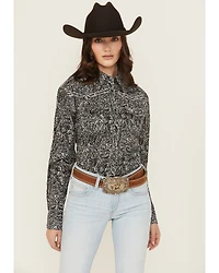 Cowgirl Hardware Women's Scroll Print Long Sleeve Snap Stretch Western Shirt