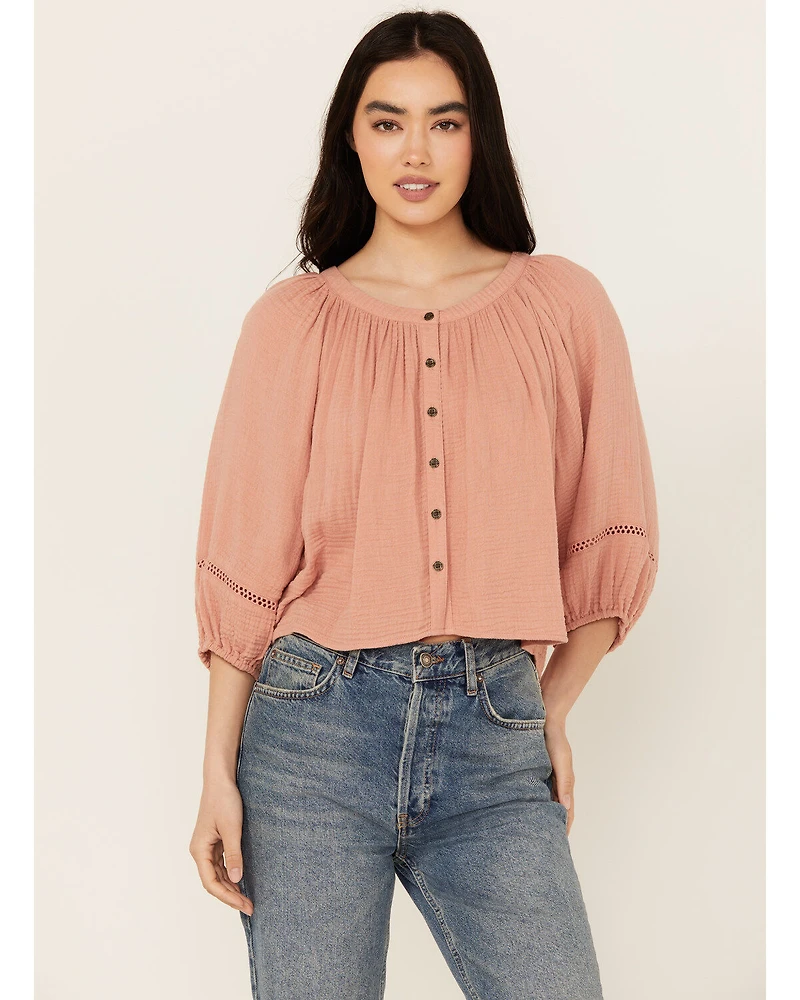 Cleo + Wolf Women's Brie Crochet Trim Long Sleeve Shirt