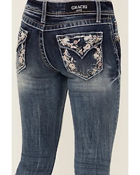 Grace LA Girls' Medium Wash Paisley Embroidered Faux Flap Pocket Bootcut Stretch Denim Jeans