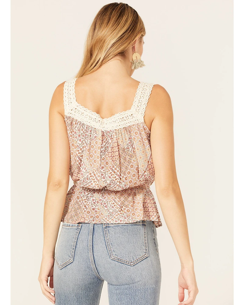 Wild Moss Women's Floral Paisley Patchwork Crochet Tank Top