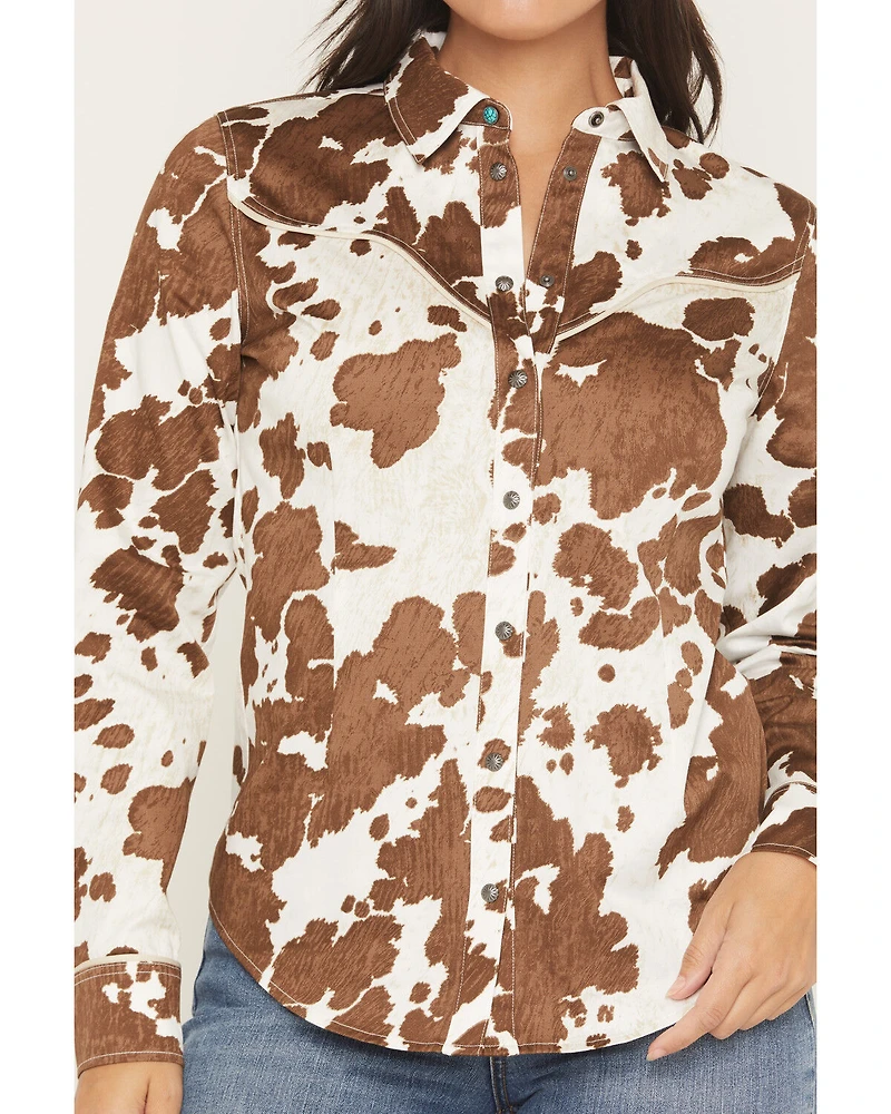 Shyanne Women's Junegrass Cow Print Long Sleeve Snap Stretch Western Shirt