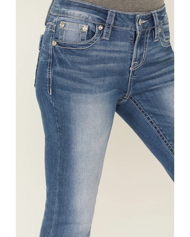 Shyanne Mid Rise Medium Wash Bootcut Paisley Faux Flap Stretch Denim Jeans