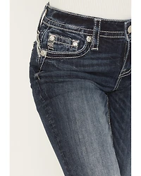 Miss Me Women's Medium Wash Mid Rise 32" Bootcut Fleur de Lis Pocket Stretch Denim Jeans