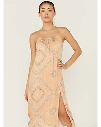 Wild Moss Women's Satin Printed Keyhole Slip Midi Dress