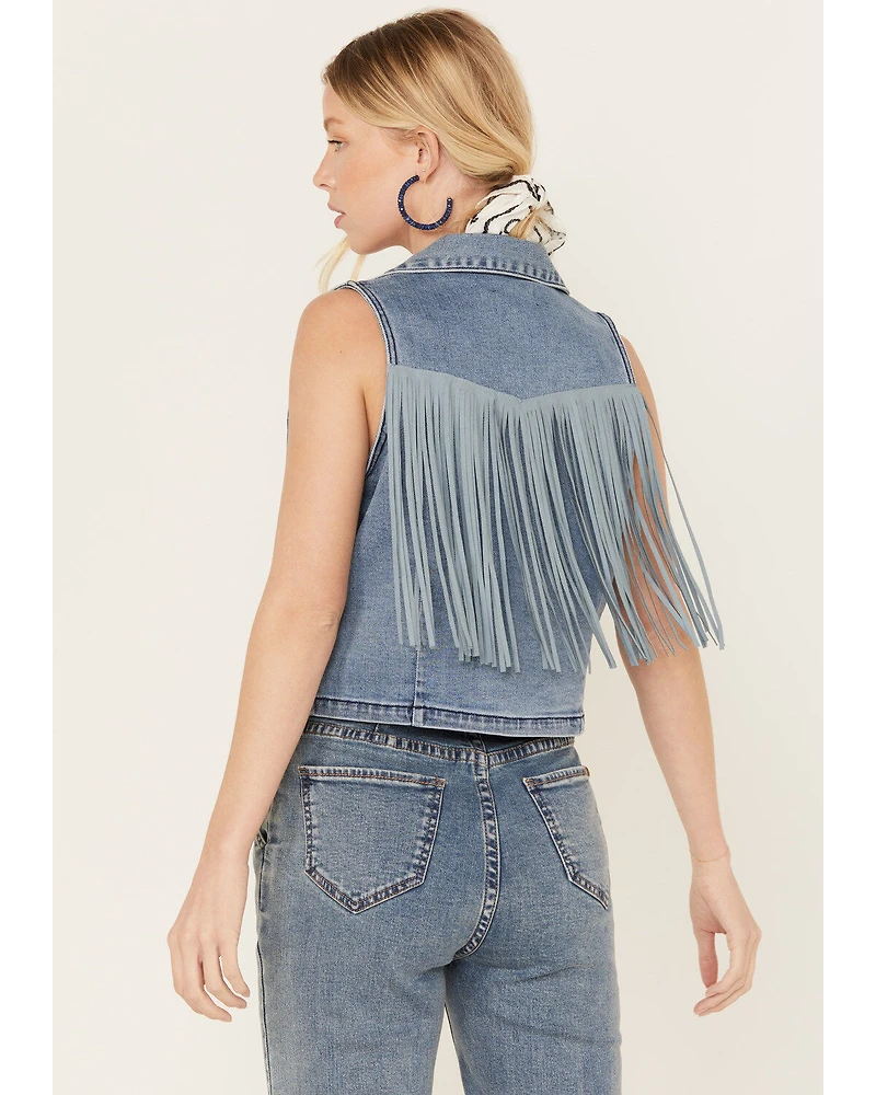 Rock & Roll Denim Women's Medium Wash Cropped Fringe Vest
