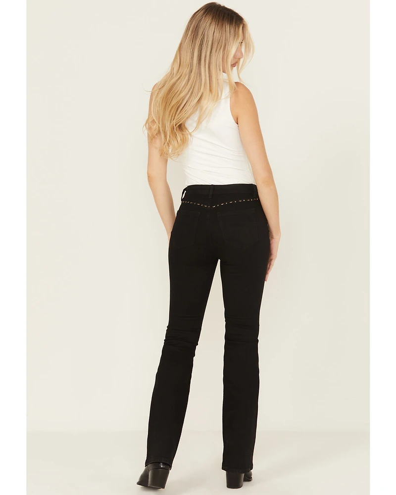 Wonderwest Women's Rigid Like Black Studded High Rise Bootcut Stretch Denim Jeans