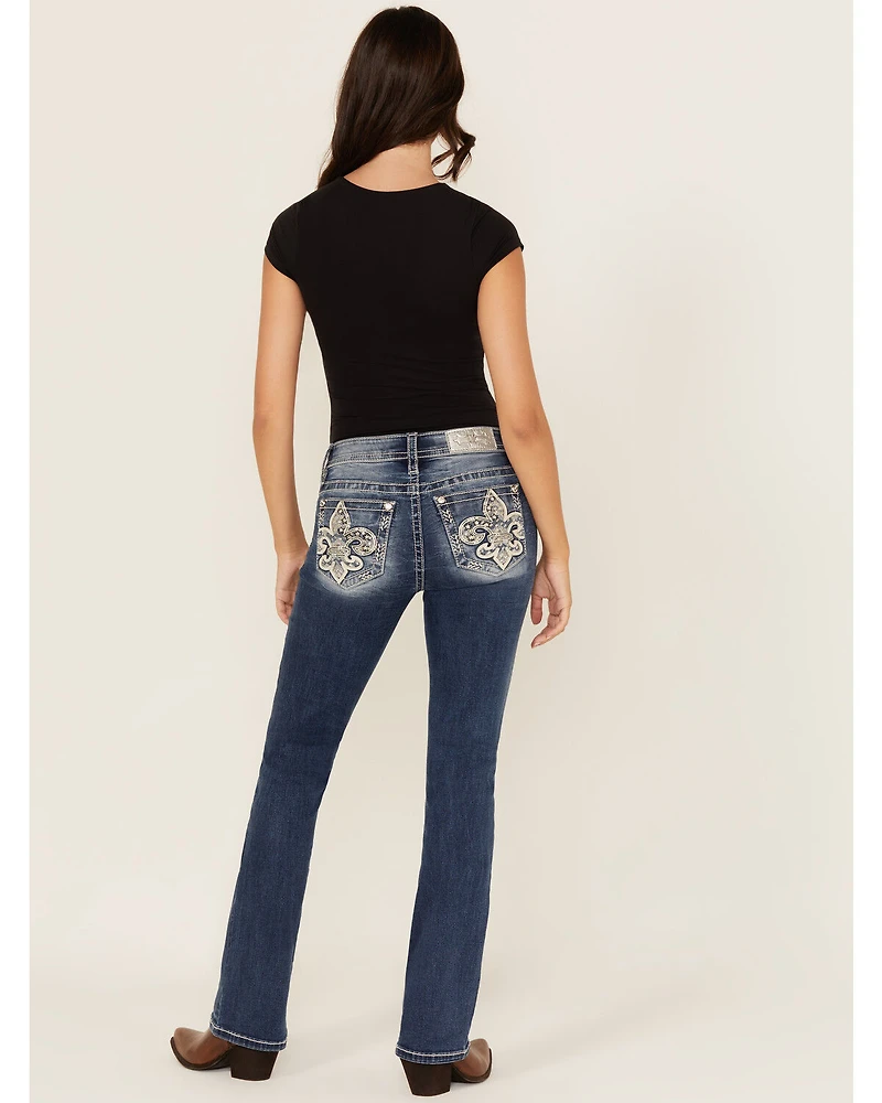 Miss Me Women's Medium Wash Mid Rise Fleur de Lis Pocket 32" Bootcut Stretch Denim Jeans