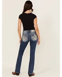 Miss Me Women's Medium Wash Mid Rise Fleur de Lis Pocket 32" Bootcut Stretch Denim Jeans