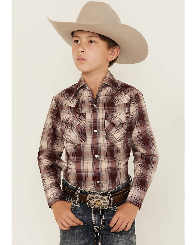 Ely Walker Boys' Plaid Print Long Sleeve Pearl Snap Western Shirt