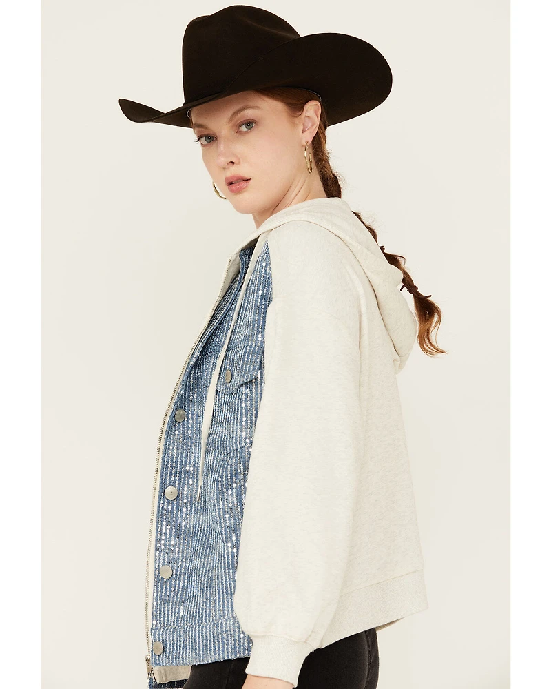 Miss Me Women's Denim Sequins Zip-Up Hoodie