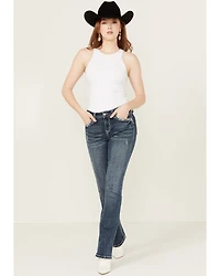 Grace LA Women's Medium Wash Paisley Cross Pocket Bootcut Stretch Denim Jeans