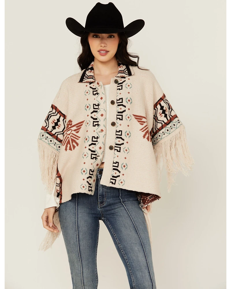 Idyllwind Women's Flyaway Southwestern Print Fringe Button-Down Poncho