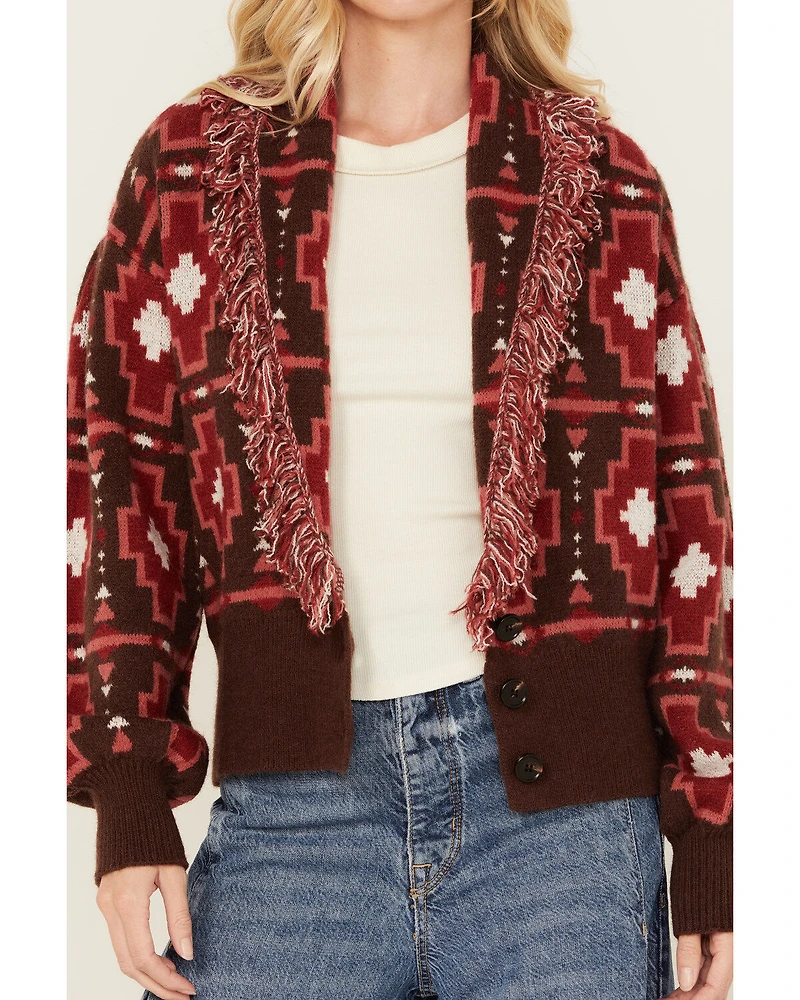 Shyanne Women's Cropped Southwestern Print Fringe Sweater