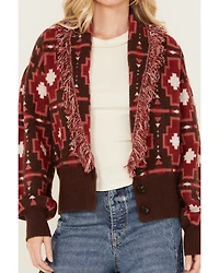 Shyanne Women's Cropped Southwestern Print Fringe Sweater