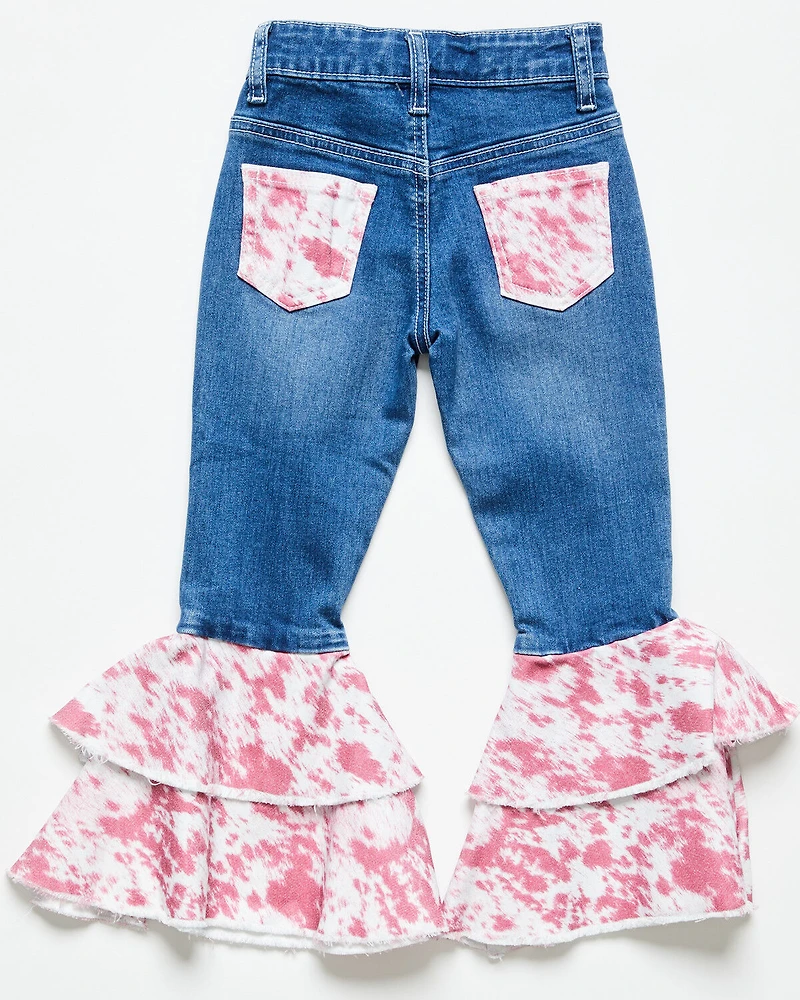 Cowgirl Hardware Toddler Girls' Cowhide Print Ruffle Stretch Flare Jeans