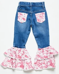 Cowgirl Hardware Toddler Girls' Cowhide Print Ruffle Stretch Flare Jeans