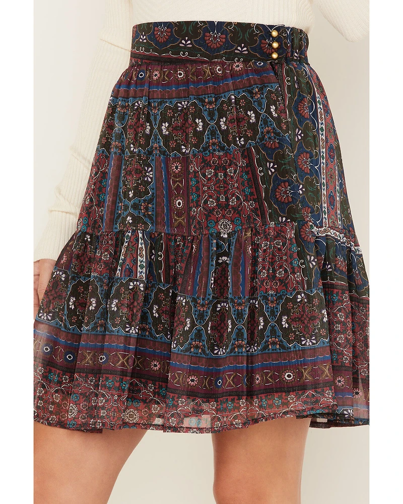 Molly Bracken Women's Metallic Floral Stripe Tiered Skirt