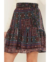 Molly Bracken Women's Metallic Floral Stripe Tiered Skirt