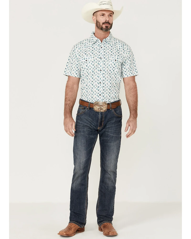 Moonshine Spirit Men's Blue Agave Floral Print Short Sleeve Snap Western Shirt