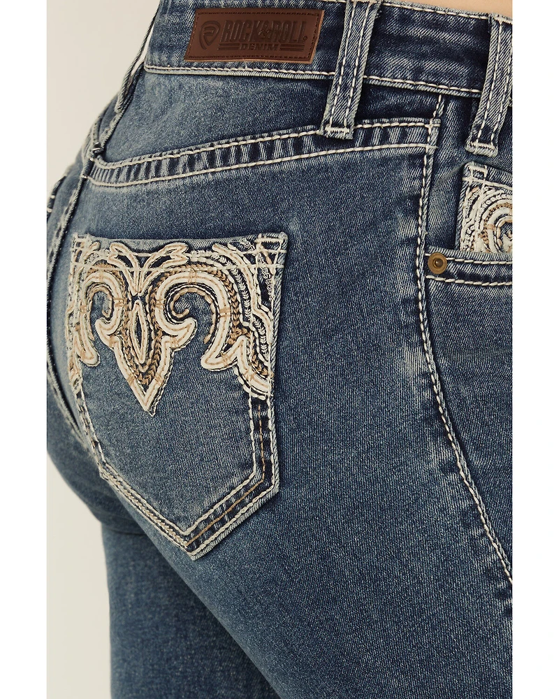 Rock & Roll Denim Women's Medium Wash Mid Rise Leather Embroidered Bootcut Stretch Jeans