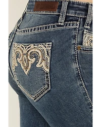 Rock & Roll Denim Women's Medium Wash Mid Rise Leather Embroidered Bootcut Stretch Jeans