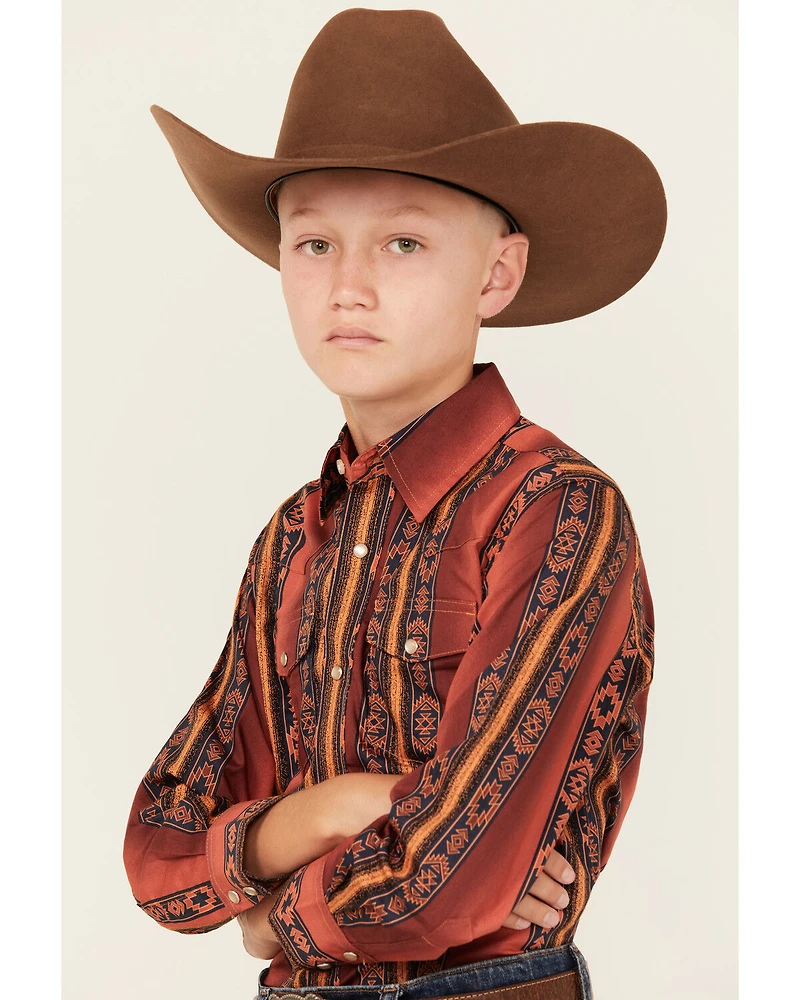Wrangler Boys' Southwestern Striped Long Sleeve Pearl Snap Western Shirt