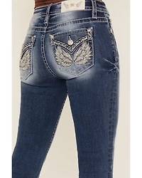 Miss Me Women's Medium Wash Mid Rise Winged Pocket 34" Bootcut Stretch Denim Jeans