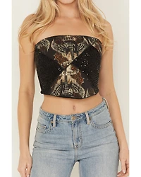 Originality Women's Sequin Strapless Graphic Bandana Top