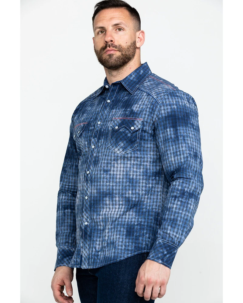 Rock & Roll Denim Men's Spray Washed Satin Plaid Long Sleeve Western Shirt