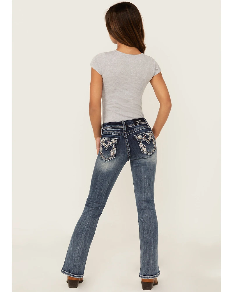 Grace LA Girls' Medium Wash Paisley Embroidered Faux Flap Pocket Bootcut Stretch Denim Jeans