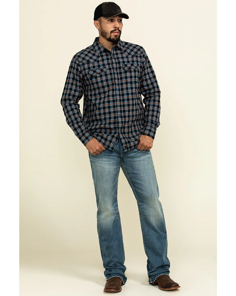Moonshine Spirit Men's Train Track Check Plaid Print Long Sleeve Western Shirt