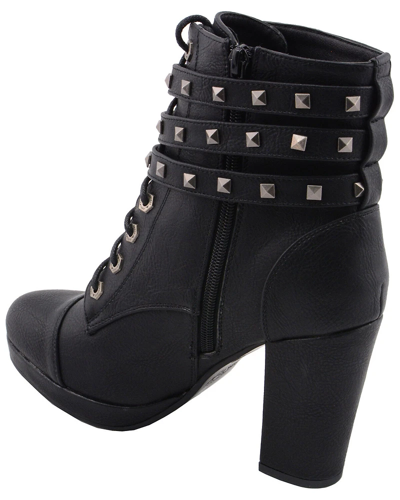 Milwaukee Leather Women's Studded Buckle Strap Laced Boots - Round Toe