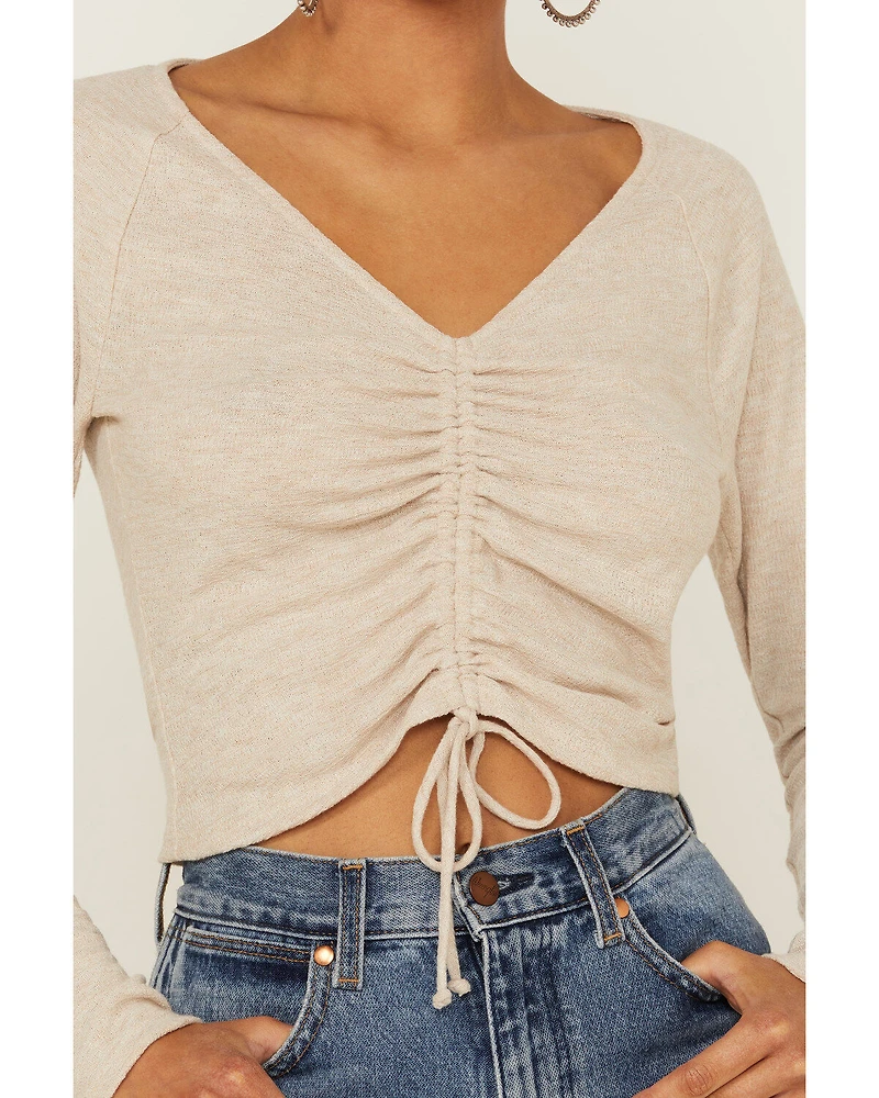 Lush Women's Sand Long Sleeve Cinch Front Knit Top