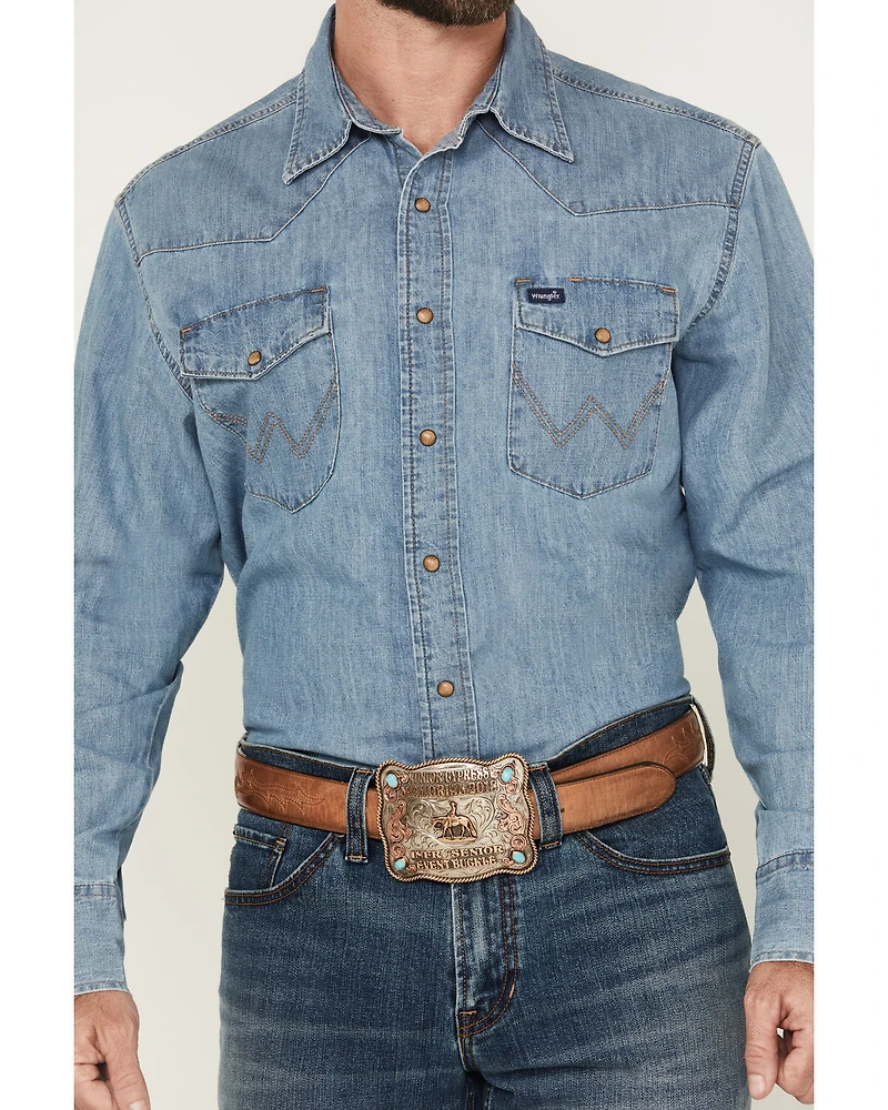 Wrangler Men's Light Wash Denim Long Sleeve Snap Western Shirt