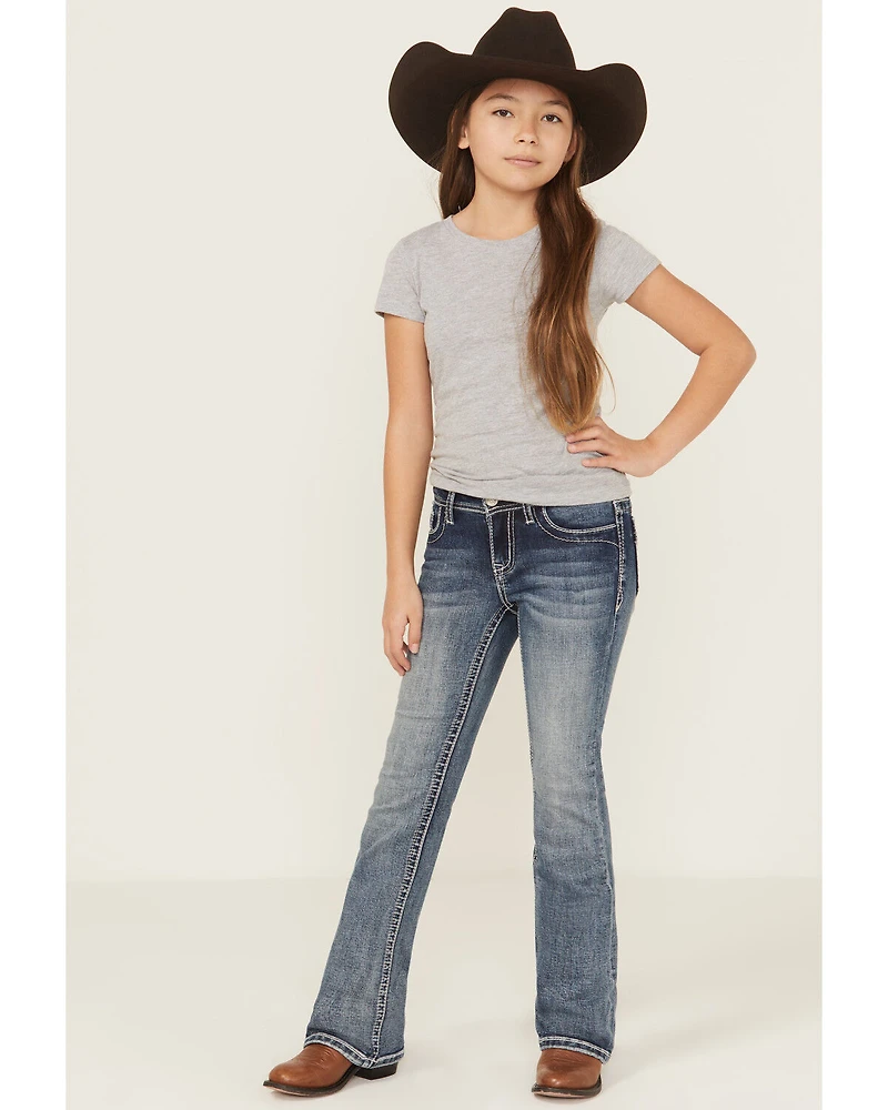 Grace LA Girls' Medium Wash Floral Embroidered Faux Flap Pocket Bootcut Stretch Denim Jeans