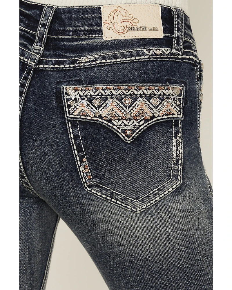 Grace LA Women's Medium Wash Mid Rise Geo Pocket Bootcut Stretch Denim Jeans